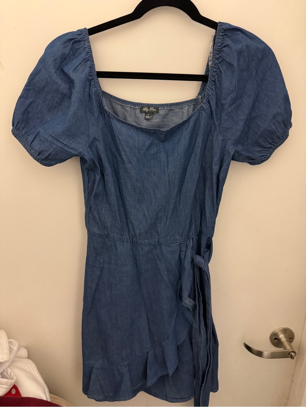 Lily Rose Denim Blue Puff-Sleeve Wrap Midi Dress